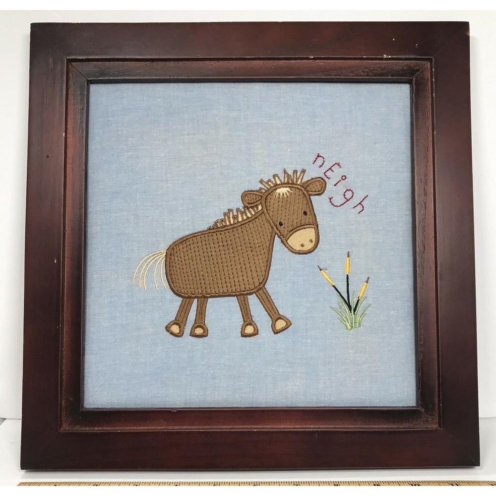 patch work horse on denim material‎ and needlepoint detail. 12 x 12 Framed